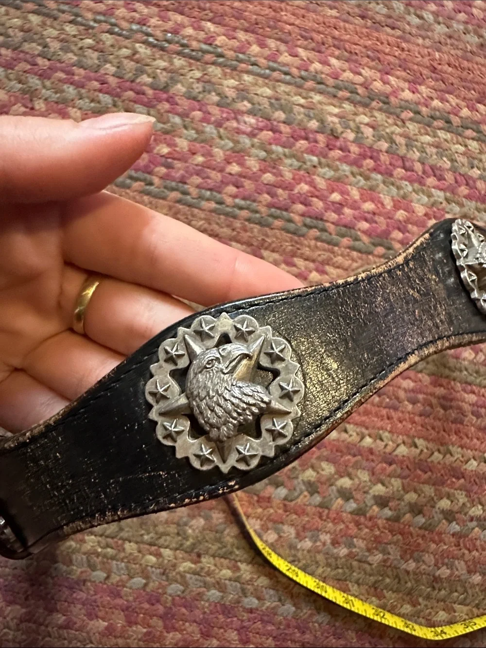 Vintage Black/Brown Leather Men's Eagle Concho Belt with Silver Accents